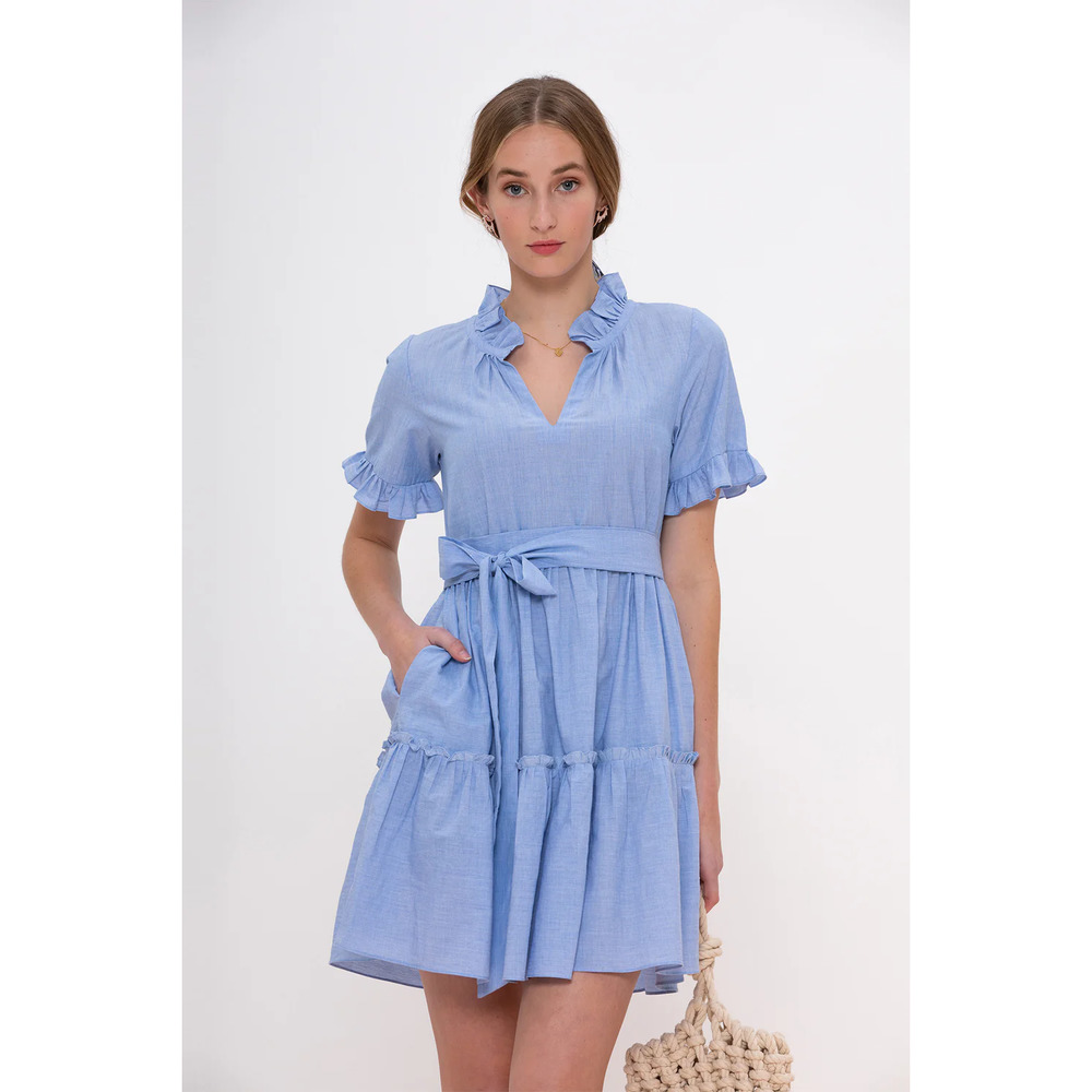Rungolee PORTO COTTON DRESS in Blue Haze Ruffled Dress | Size XS